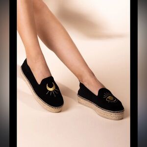 Manebi Black Espadrilles Flats with Embroidered Gold Sun and Moon Design Size 6